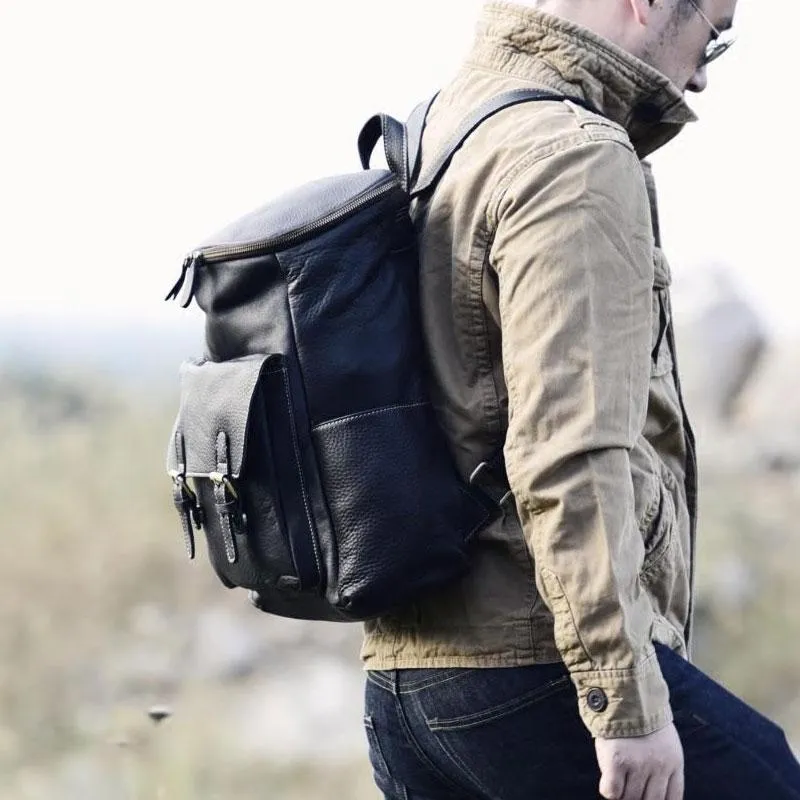 Cool Genuine Leather Mens Backpack Large Black Travel Backpack Hiking Backpack for men