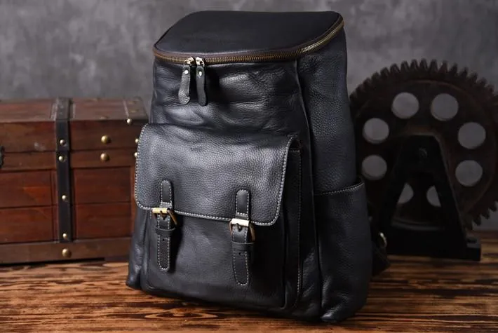 Cool Genuine Leather Mens Backpack Large Black Travel Backpack Hiking Backpack for men
