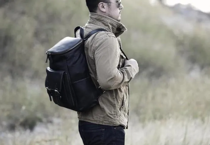 Cool Genuine Leather Mens Backpack Large Black Travel Backpack Hiking Backpack for men