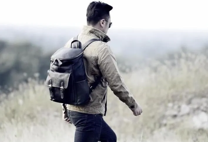 Cool Genuine Leather Mens Backpack Large Black Travel Backpack Hiking Backpack for men