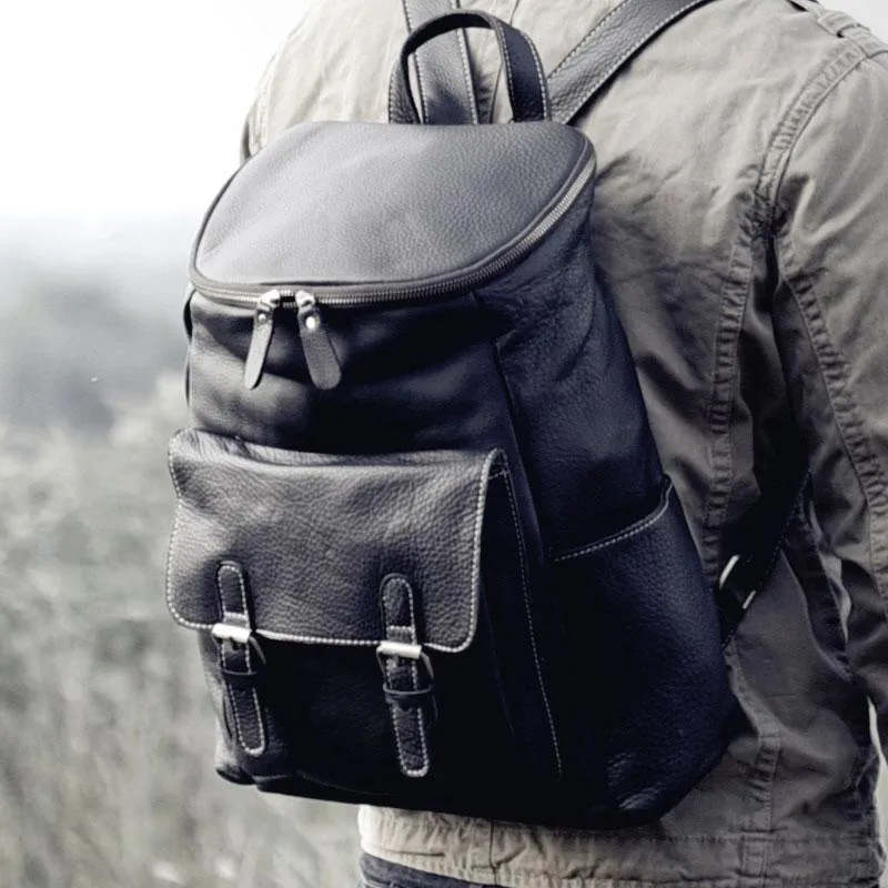 Cool Genuine Leather Mens Backpack Large Black Travel Backpack Hiking Backpack for men