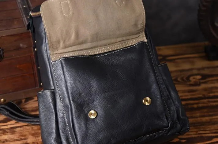 Cool Genuine Leather Mens Backpack Large Black Travel Backpack Hiking Backpack for men