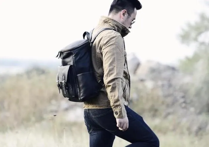 Cool Genuine Leather Mens Backpack Large Black Travel Backpack Hiking Backpack for men