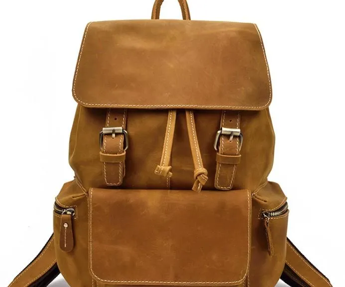 Cool Leather Black Coffee Mens Satchel Backpacks Travel Backpack 14inch Laptop Backpack for Men