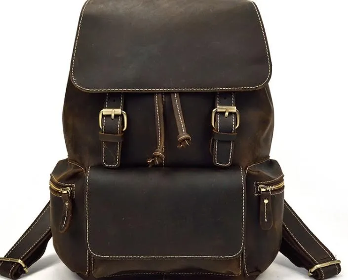 Cool Leather Black Coffee Mens Satchel Backpacks Travel Backpack 14inch Laptop Backpack for Men
