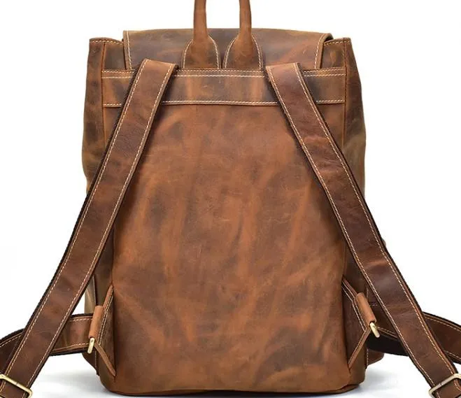 Cool Leather Black Coffee Mens Satchel Backpacks Travel Backpack 14inch Laptop Backpack for Men