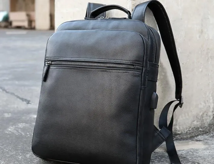 Cool Leather Black Mens Backpacks Vintage School Backpack Travel Backpack Bags for Men