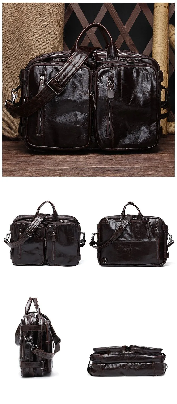 Cool Leather Black Mens Large Brown Travel Backpack 14inch Dark Brown Briefcase Backpack Laptop Backpack for Men
