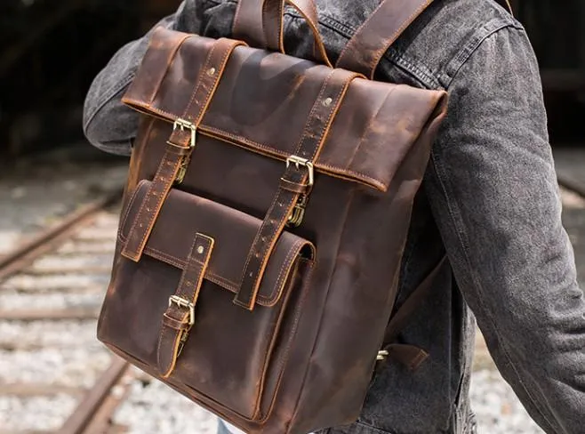 Cool Leather Coffee Rolltop Mens Backpacks Travel Backpack Vintage Backpack for Men