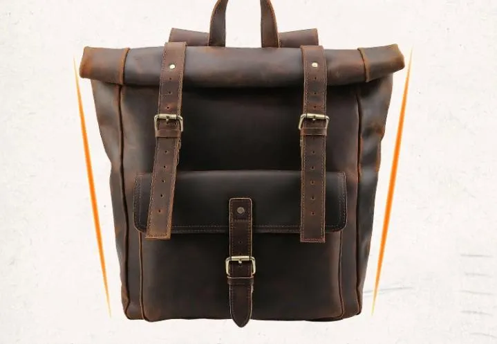Cool Leather Coffee Rolltop Mens Backpacks Travel Backpack Vintage Backpack for Men