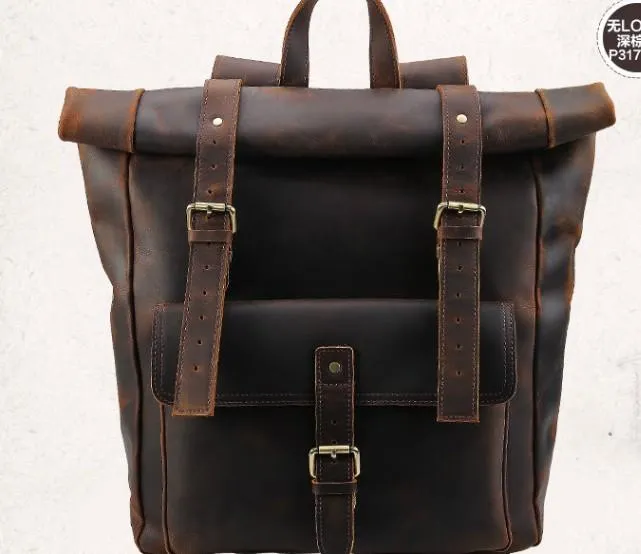 Cool Leather Coffee Rolltop Mens Backpacks Travel Backpack Vintage Backpack for Men
