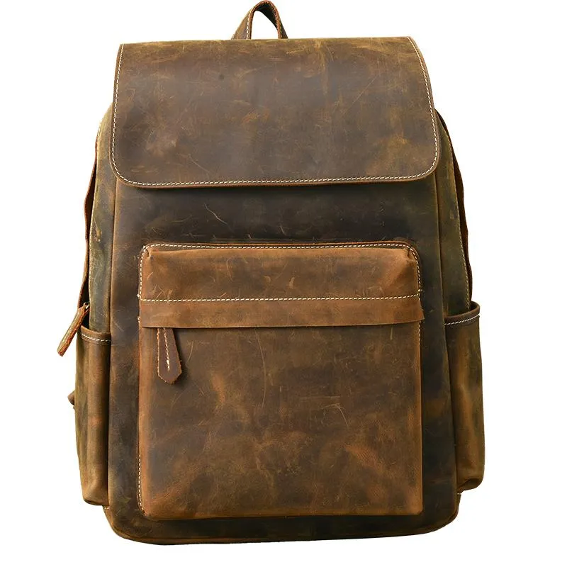 Cool Leather Mens 14" Retro Brown Hiking Backpack Travel Backpack College Backpack for Men