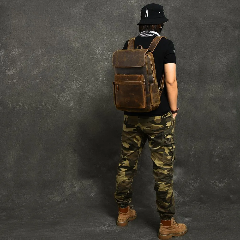 Cool Leather Mens 14" Retro Brown Hiking Backpack Travel Backpack College Backpack for Men
