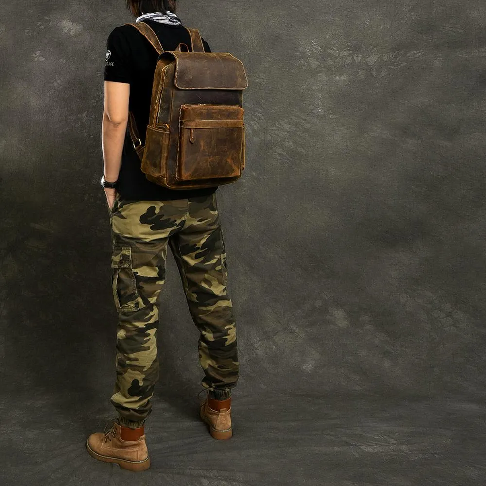 Cool Leather Mens 14" Retro Brown Hiking Backpack Travel Backpack College Backpack for Men