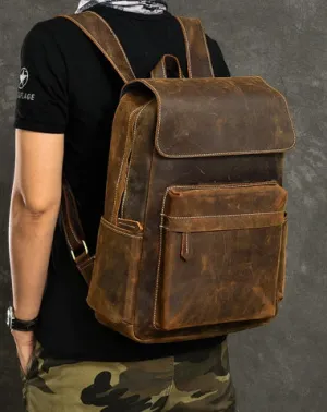Cool Leather Mens 14" Retro Brown Hiking Backpack Travel Backpack College Backpack for Men