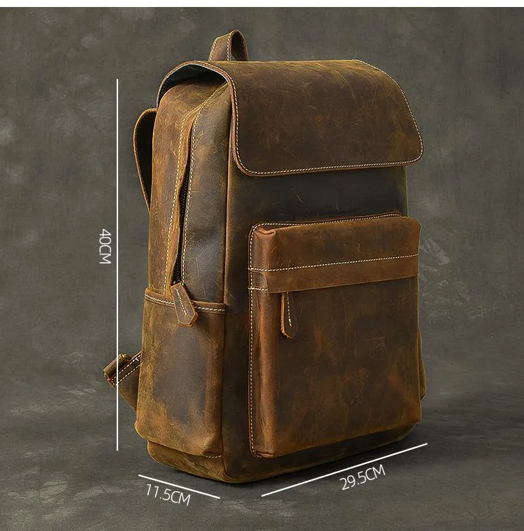 Cool Leather Mens 14" Retro Brown Hiking Backpack Travel Backpack College Backpack for Men