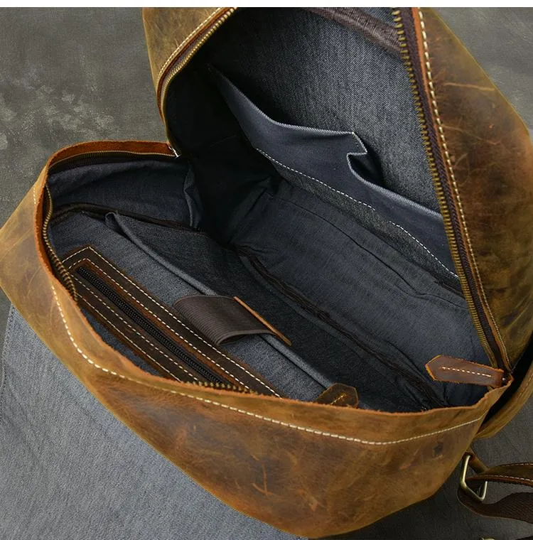 Cool Leather Mens 14" Retro Brown Hiking Backpack Travel Backpack College Backpack for Men