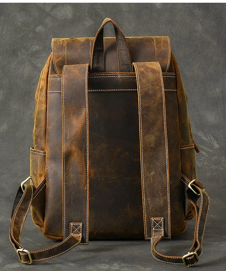 Cool Leather Mens 14" Retro Brown Hiking Backpack Travel Backpack College Backpack for Men