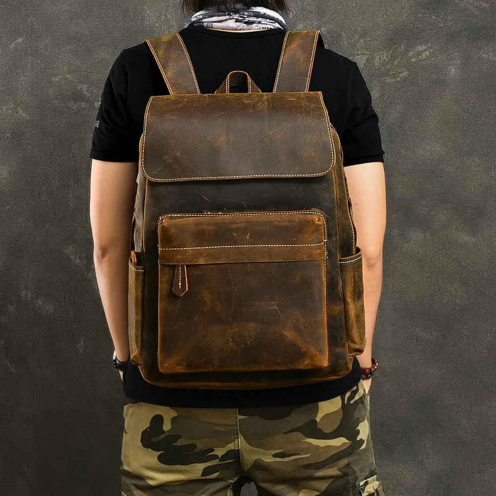 Cool Leather Mens 14" Retro Brown Hiking Backpack Travel Backpack College Backpack for Men