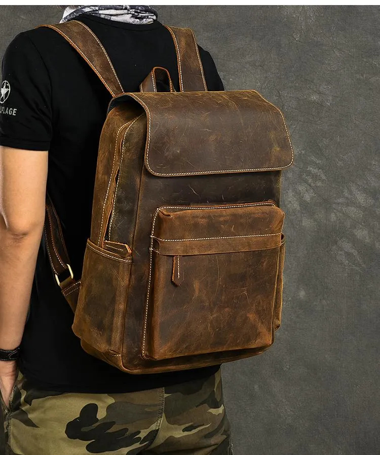 Cool Leather Mens 14" Retro Brown Hiking Backpack Travel Backpack College Backpack for Men