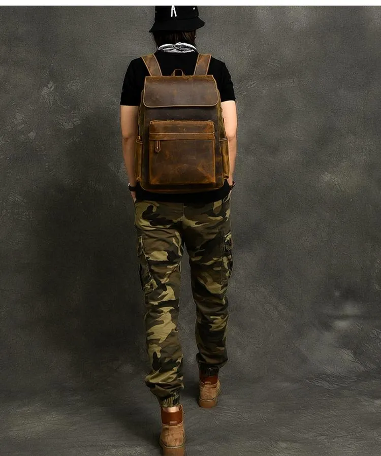 Cool Leather Mens 14" Retro Brown Hiking Backpack Travel Backpack College Backpack for Men