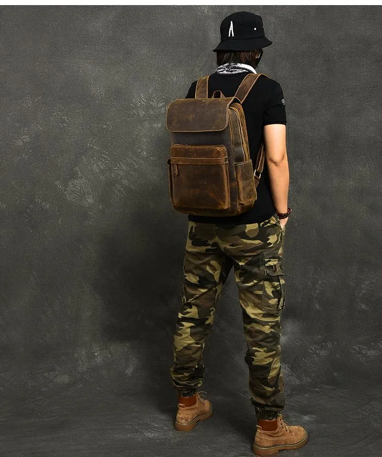 Cool Leather Mens 14" Retro Brown Hiking Backpack Travel Backpack College Backpack for Men