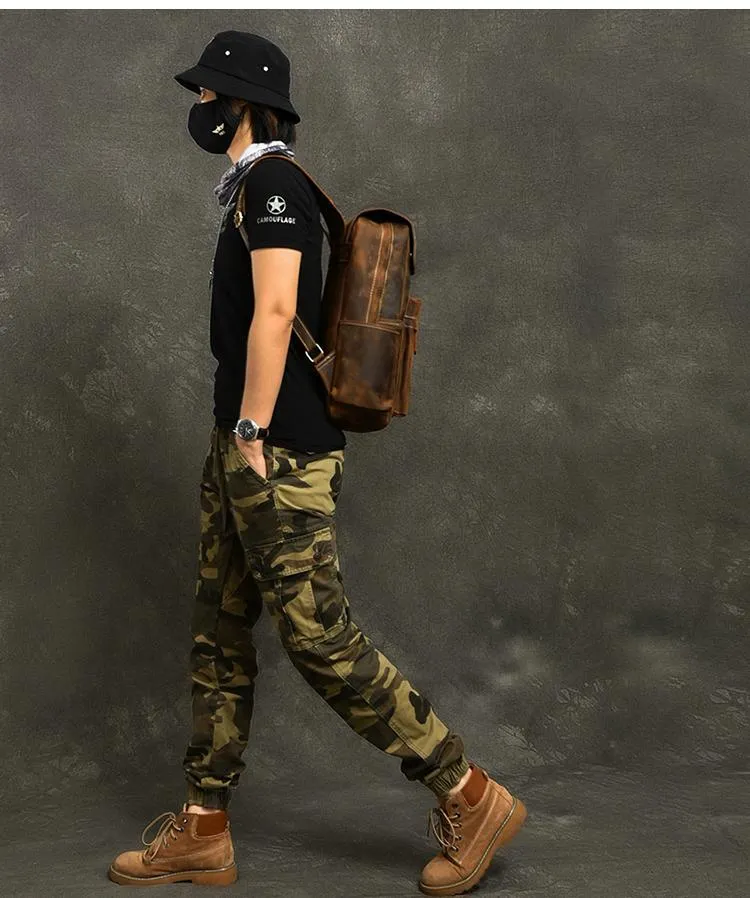 Cool Leather Mens 14" Retro Brown Hiking Backpack Travel Backpack College Backpack for Men