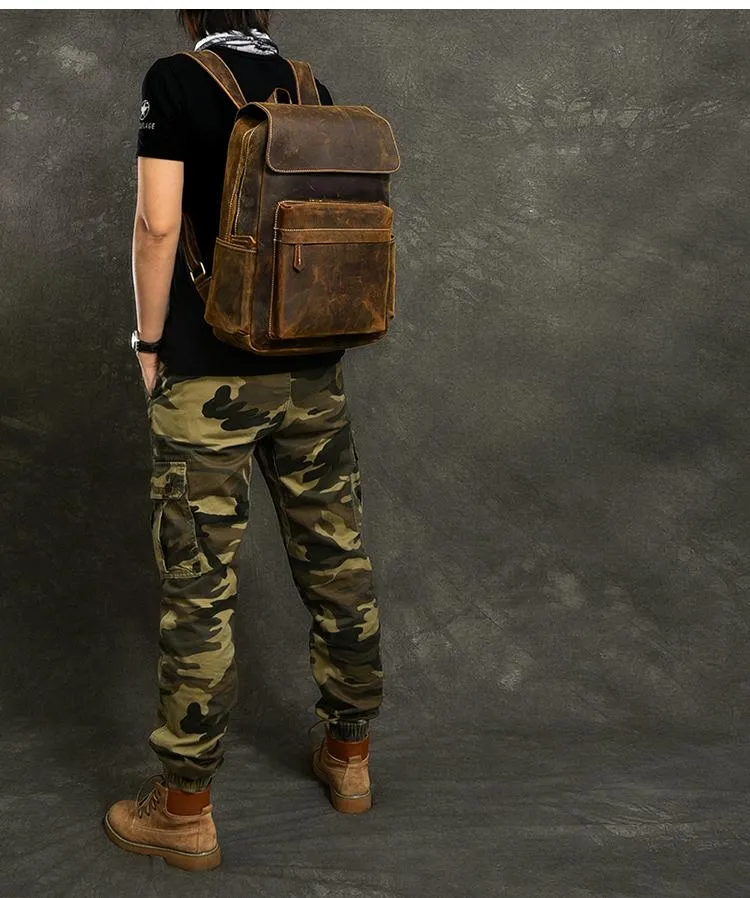 Cool Leather Mens 14" Retro Brown Hiking Backpack Travel Backpack College Backpack for Men