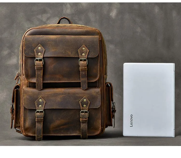 Cool Leather Mens 15" Brown Hiking Backpack Travel Backpack Laptop College Backpack for Men