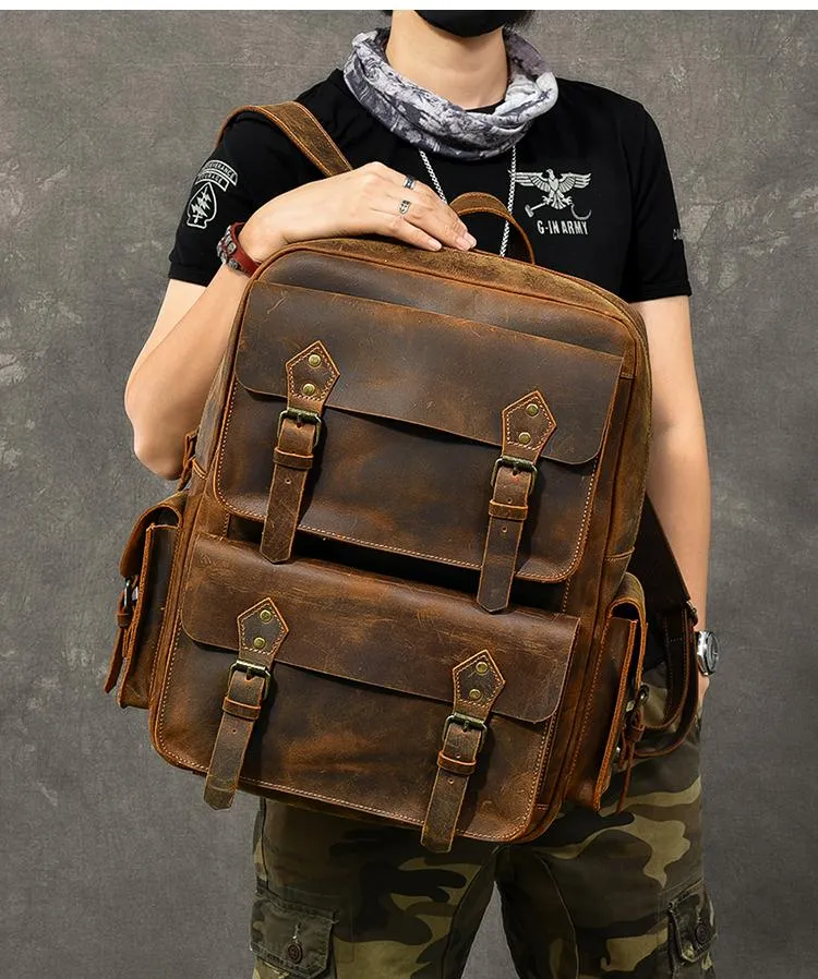 Cool Leather Mens 15" Brown Hiking Backpack Travel Backpack Laptop College Backpack for Men