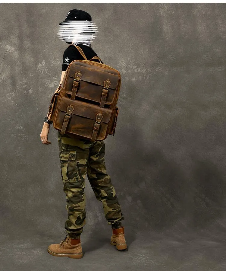 Cool Leather Mens 15" Brown Hiking Backpack Travel Backpack Laptop College Backpack for Men