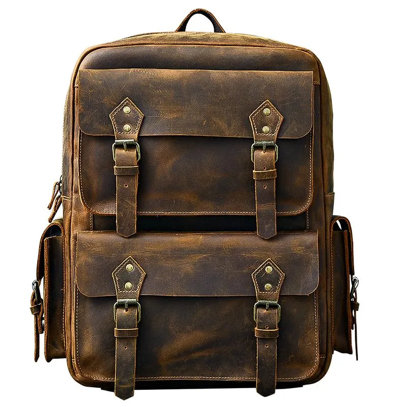 Cool Leather Mens 15" Brown Hiking Backpack Travel Backpack Laptop College Backpack for Men