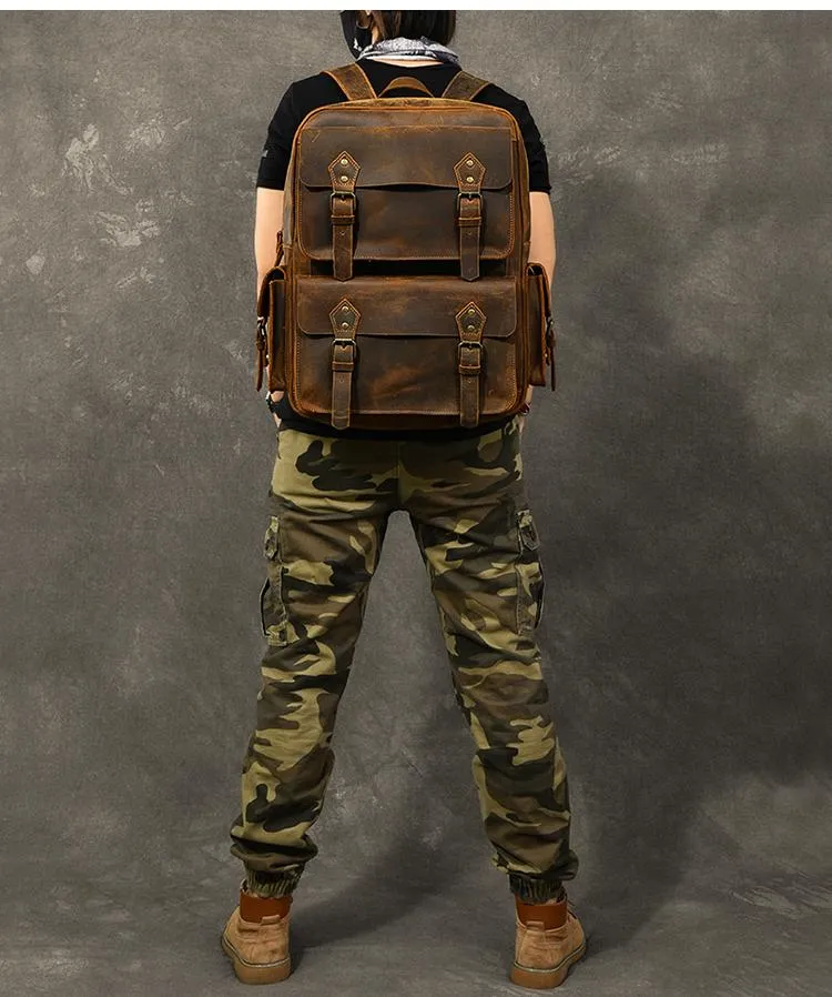 Cool Leather Mens 15" Brown Hiking Backpack Travel Backpack Laptop College Backpack for Men