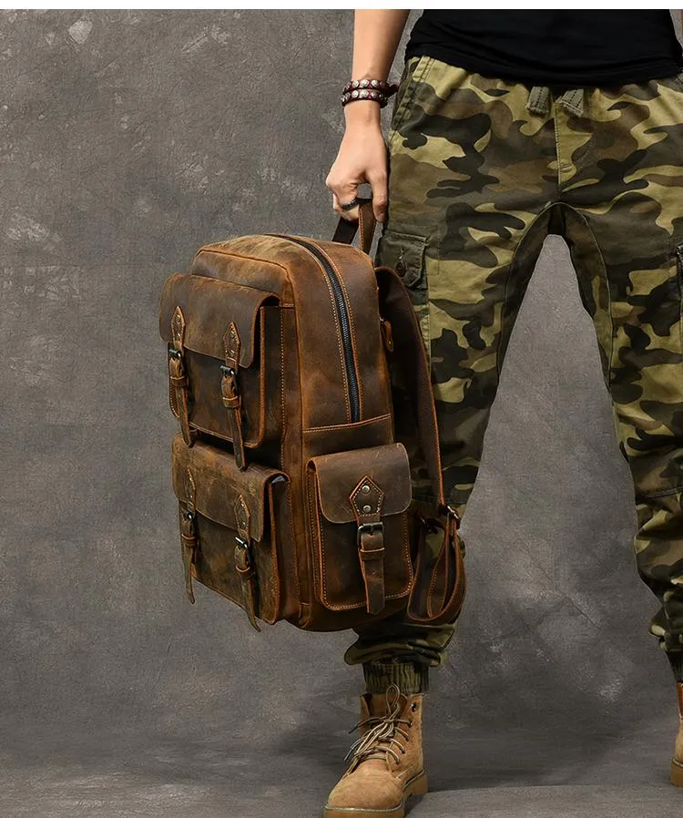 Cool Leather Mens 15" Brown Hiking Backpack Travel Backpack Laptop College Backpack for Men