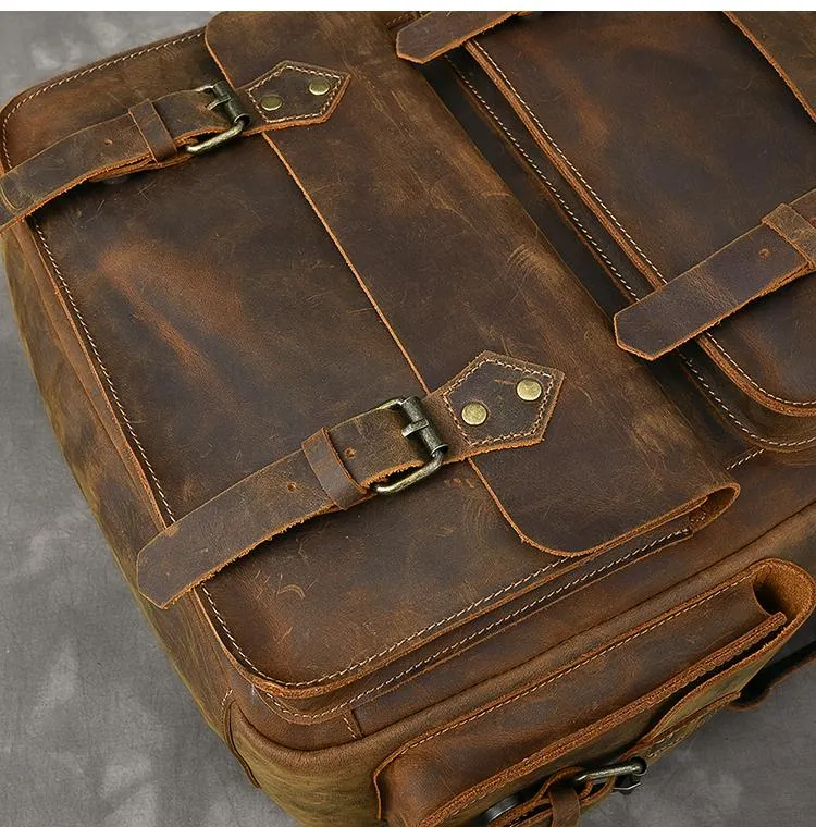 Cool Leather Mens 15" Brown Hiking Backpack Travel Backpack Laptop College Backpack for Men