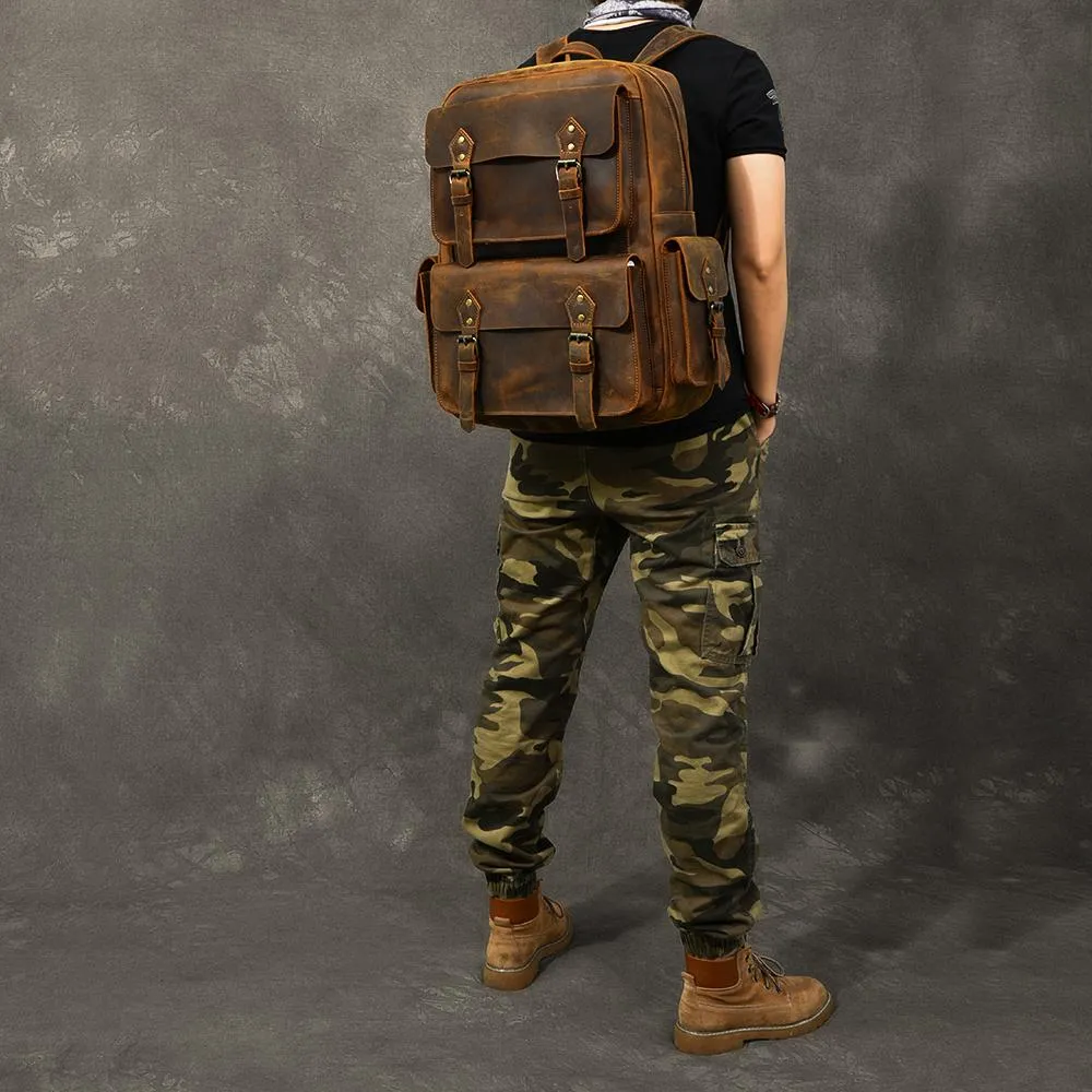 Cool Leather Mens 15" Brown Hiking Backpack Travel Backpack Laptop College Backpack for Men