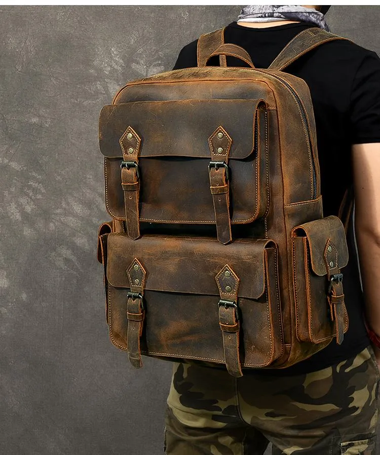 Cool Leather Mens 15" Brown Hiking Backpack Travel Backpack Laptop College Backpack for Men