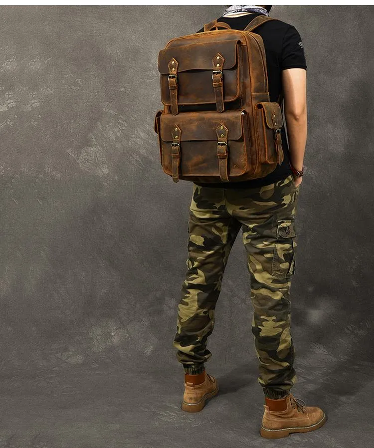 Cool Leather Mens 15" Brown Hiking Backpack Travel Backpack Laptop College Backpack for Men
