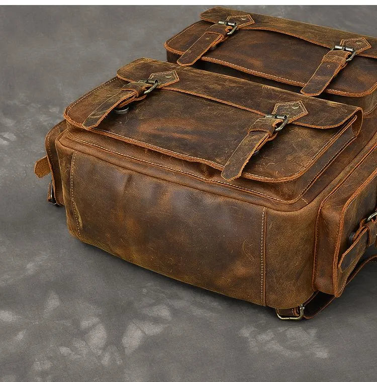 Cool Leather Mens 15" Brown Hiking Backpack Travel Backpack Laptop College Backpack for Men
