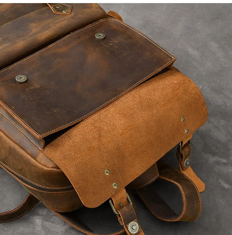 Cool Leather Mens 15" Brown Hiking Backpack Travel Backpack Laptop College Backpack for Men