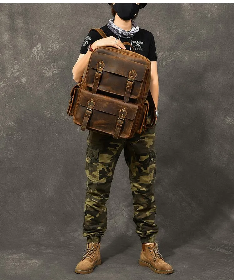 Cool Leather Mens 15" Brown Hiking Backpack Travel Backpack Laptop College Backpack for Men