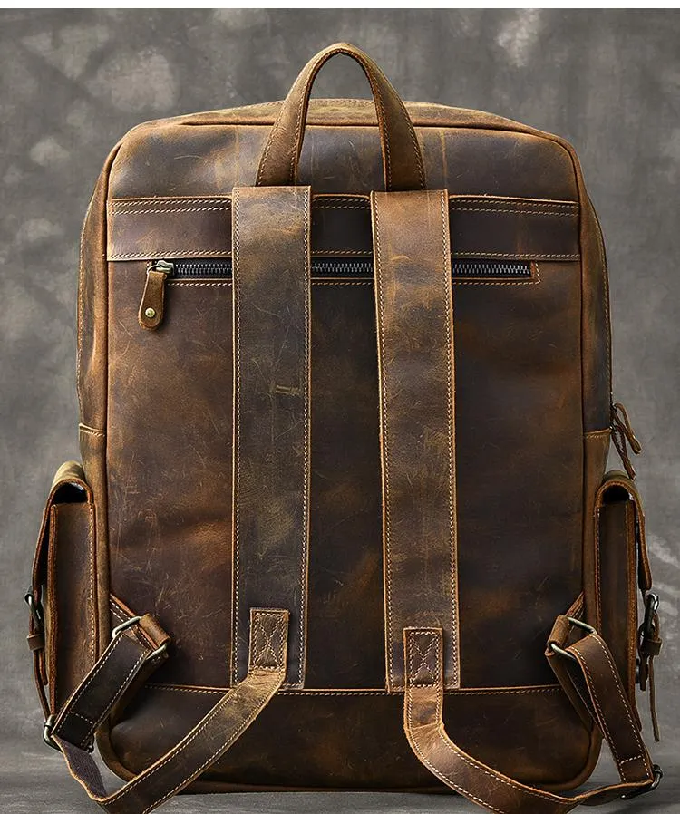 Cool Leather Mens 15" Brown Hiking Backpack Travel Backpack Laptop College Backpack for Men
