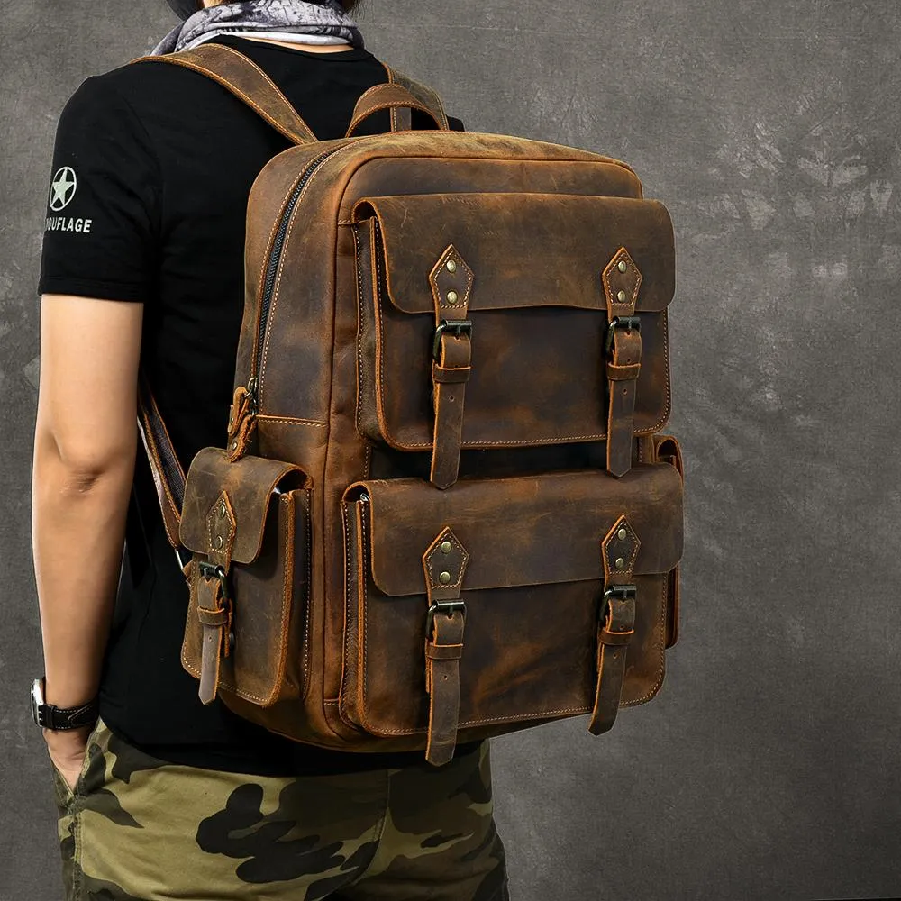 Cool Leather Mens 15" Brown Hiking Backpack Travel Backpack Laptop College Backpack for Men