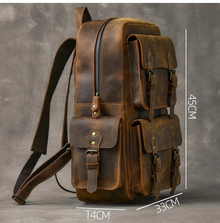 Cool Leather Mens 15" Brown Hiking Backpack Travel Backpack Laptop College Backpack for Men