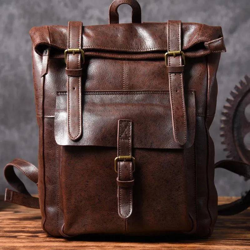 Cool Leather Mens Backpack Large Coffee Travel Backpack Hiking Backpack for men