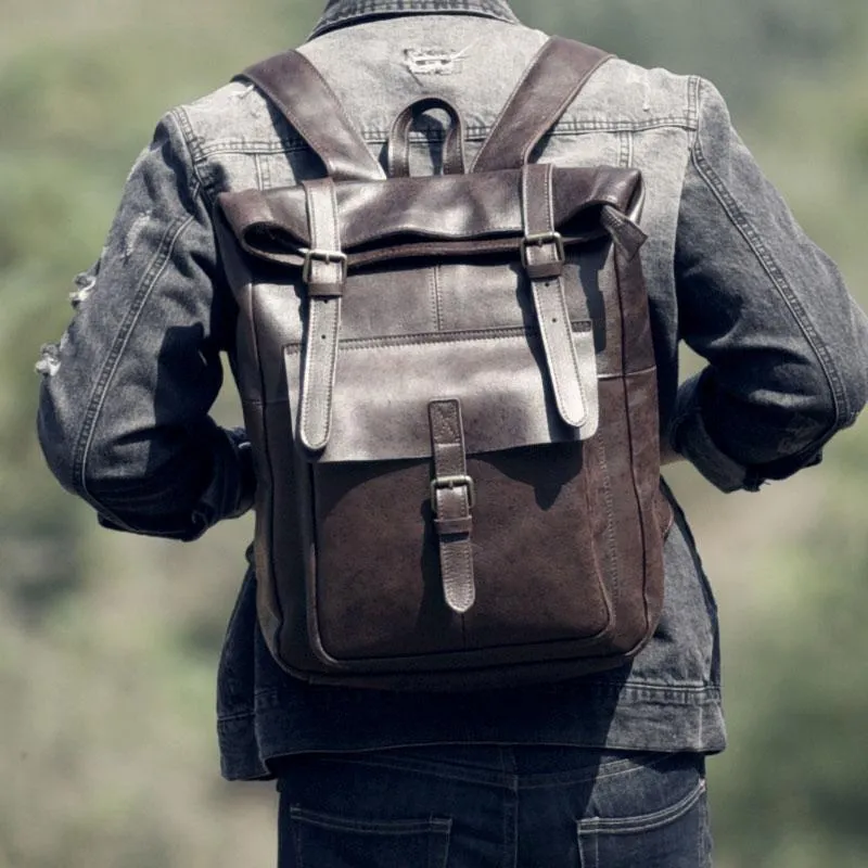 Cool Leather Mens Backpack Large Coffee Travel Backpack Hiking Backpack for men