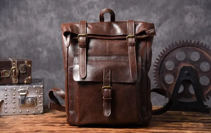 Cool Leather Mens Backpack Large Coffee Travel Backpack Hiking Backpack for men