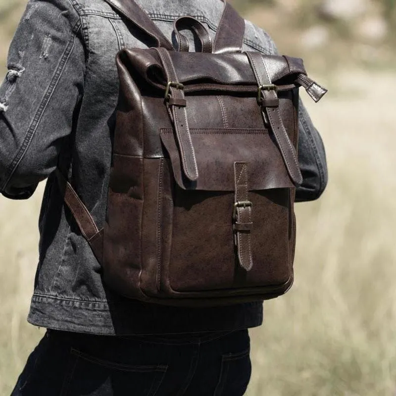Cool Leather Mens Backpack Large Coffee Travel Backpack Hiking Backpack for men