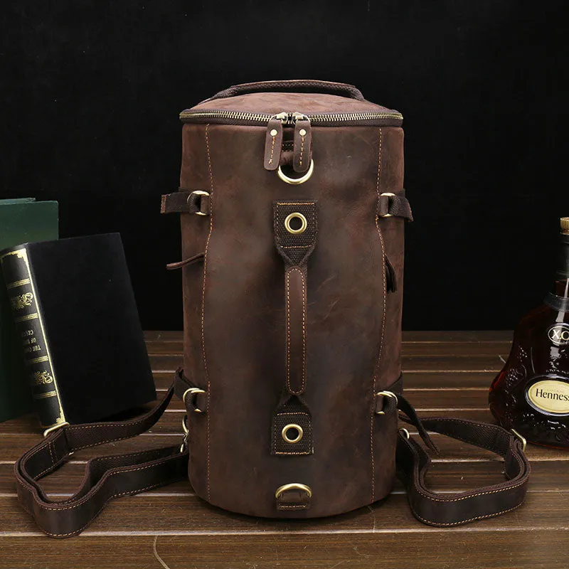 Cool Leather Mens Barrel Shoulder Bags Backpack Travel Bag for Men
