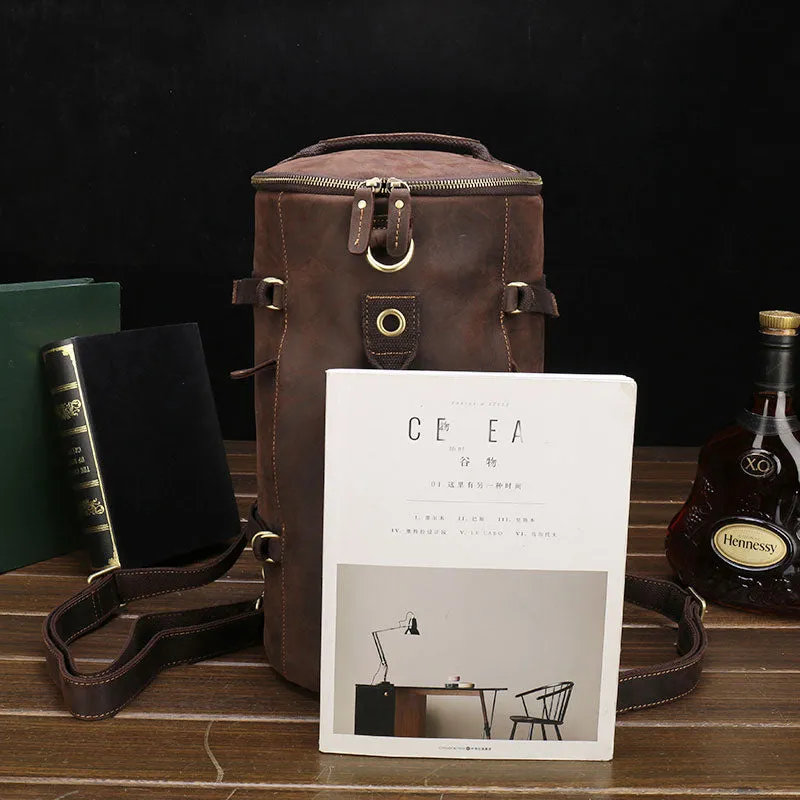 Cool Leather Mens Barrel Shoulder Bags Backpack Travel Bag for Men